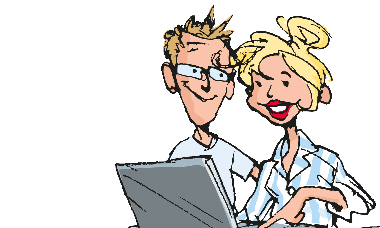 Illustration, Frau und Mann sitzen vor einem Laptop
